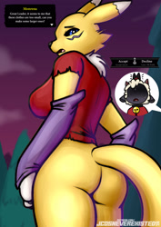 Size: 1614x2283 | Tagged: suggestive, artist:jcosneverexisted, lamb (cult of the lamb), bovid, caprine, fictional species, lamb, mammal, renamon, sheep, anthro, cult of the lamb, digimon, 2024, bottomless, breasts, butt, clothes, detailed background, dialogue, digital art, ears, evening gloves, eyelashes, fluff, fur, gloves, long gloves, looking at you, looking back, looking back at you, neck fluff, nudity, open mouth, partial nudity, rear view, shirt, sideboob, speech bubble, tail, talking, talking to viewer, text, thighs, tongue, topwear, wide hips