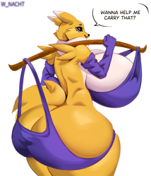 Size: 1777x2073 | Tagged: suggestive, artist:w_nacht, fictional species, renamon, anthro, digimon, 2024, black sclera, breasts, butt, clothes, colored sclera, digital art, ears, eyelashes, female, fur, huge breasts, huge butt, rear view, sideboob, simple background, solo, solo female, tail, thighs, white background, wide hips