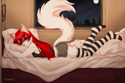 Size: 2357x1563 | Tagged: safe, artist:pizhma, oc, oc only, oc:selena zorn, cat, feline, mammal, anthro, plantigrade anthro, 2024, bed, bedroom eyes, bottomwear, breasts, clothes, commission, detailed background, digital art, ears, eyelashes, female, fur, hair, legwear, looking at you, lying down, lying on bed, on bed, pillow, shirt, shorts, side view, sideboob, solo, solo female, stockings, tail, thighs, topwear, train, wide hips, window