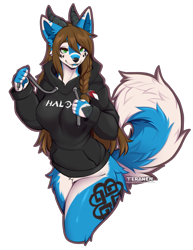 Size: 1421x1841 | Tagged: safe, artist:teranen, oc, oc only, canine, dog, dragon, fictional species, husky, hybrid, mammal, anthro, 2024, breasts, clothes, commission, digital art, dragoness, ears, eyelashes, female, fur, hair, hoodie, looking at you, simple background, solo, solo female, tail, thighs, topwear, transparent background, wide hips