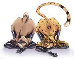 Size: 2139x1722 | Tagged: suggestive, artist:cheudl, oc, oc only, antelope, bovid, cheetah, feline, gazelle, mammal, anthro, 2024, breasts, butt, clothes, commission, digital art, duo, duo female, ears, evening gloves, eyelashes, face down ass up, female, females only, fur, gloves, hair, horns, legwear, long gloves, nudity, simple background, stockings, tail, thighs, white background, wide hips