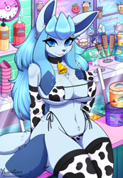 Size: 1292x1865 | Tagged: suggestive, artist:yumiiefox, eeveelution, fictional species, glaceon, mammal, anthro, nintendo, pokémon, 2024, belly button, bikini, breasts, clothes, cowbell, dessert, digital art, ears, evening gloves, eyelashes, female, food, fur, gloves, hair, ice cream, ice cream bar, ice cream cone, ice cream sandwich, legwear, long gloves, looking at you, micro bikini, popsicle, sitting, solo, solo female, stockings, sundae, swimsuit, tail, thighs, wide hips