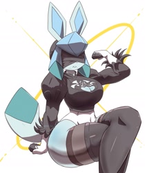 Size: 2299x2732 | Tagged: safe, artist:oreon_smol, eeveelution, fictional species, glaceon, mammal, anthro, nier:automata, nintendo, pokémon, square enix, 2024, breasts, clothes, cosplay, digital art, ears, eyelashes, female, fur, hair, legwear, mask, pose, simple background, sitting, solo, solo female, stockings, tail, thighs, wide hips