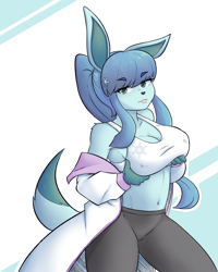 Size: 2000x2500 | Tagged: suggestive, artist:shorksally, eeveelution, fictional species, glaceon, mammal, anthro, nintendo, pokémon, 2024, belly button, bottomwear, breast grab, breast squish, breasts, clothes, crop top, digital art, ears, eyelashes, female, fur, grope, hair, nipple outline, pants, pose, self grope, simple background, solo, solo female, tail, thighs, topwear, wide hips