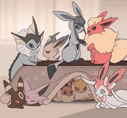Size: 800x744 | Tagged: safe, artist:mikripkm, eevee, eeveelution, espeon, fictional species, flareon, glaceon, jolteon, leafeon, mammal, sylveon, umbreon, vaporeon, feral, nintendo, pokémon, 2024, 2d, 2d animation, ambiguous gender, animated, bedroom eyes, behaving like a cat, colored sclera, cuddling, detailed background, digital art, ears, eyes closed, fighting, fins, fluff, fur, hair, hug, if i fits i sits, loafing, lying down, neck fluff, no sound, open mouth, prone, purple sclera, red sclera, ribbons (body part), sleeping, table, tail, tail fin, thighs, tongue, unamused, webm