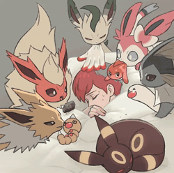 Size: 800x794 | Tagged: safe, artist:mikripkm, eeveelution, fictional species, flareon, jolteon, leafeon, mammal, sylveon, tatsugiri, umbreon, vaporeon, weedle, wiglett, feral, nintendo, pokémon, spoiler:pokémon gen 9, spoiler:pokémon scarlet and violet, 2024, 2d, 2d animation, ambiguous gender, animated, bed, behaving like a cat, blanket, detailed background, digital art, ear twitch, ears, eyelashes, eyes closed, female, fins, fluff, fur, hair, holding, lying down, lying on bed, mouth hold, neck fluff, no sound, on bed, penny (pokemon), pillow, pokémon trainer, ribbons (body part), sleeping, tail, tail fluff, thighs, webm