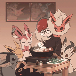 Size: 800x800 | Tagged: safe, artist:mikripkm, eeveelution, espeon, fictional species, flareon, glaceon, human, jolteon, leafeon, mammal, sylveon, umbreon, vaporeon, feral, nintendo, pokémon, 2024, 2d, 2d animation, ambiguous gender, animated, behaving like a cat, black body, black fur, blinking, casual nudity, clapping, closed mouth, clothes, complete nudity, cute, detailed background, digital art, ear fluff, ears, eyelashes, eyes closed, female, fins, fluff, food, fur, glasses, group, hair, happy, head fluff, hotpot, indoors, lettuce, lidded eyes, light blue body, light skin, loafing, long ears, lying down, multicolored body, multicolored face, multicolored fur, mushroom, neck fluff, no sound, nudity, on model, open mouth, open smile, orange body, orange fur, paws, penny (pokemon), pink body, pink fur, pointy ears, pokémon trainer, prone, ribbons (body part), round glasses, sitting, skin, sleeping, smiling, table, tail, tail fluff, thighs, tofu, vegetables, webm, white body, white fur, window, worried, yellow body, yellow fur