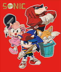 Size: 579x680 | Tagged: safe, artist:fumomo, amy rose (sonic), knuckles the echidna (sonic), miles "tails" prower (sonic), ness (earthbound), sonic the hedgehog (sonic), canine, echidna, fox, hedgehog, mammal, monotreme, earthbound, nintendo, sega, sonic the hedgehog (series), ana (earthbound), baseball bat, baseball cap, biceps, black eyes, blue body, blue fur, blushing, bottomwear, cap, clothes, cosplay, dress, ears through headwear, english text, female, flexing, footwear, frying pan, full body, fur, glasses, gloves, group, happy, hat, headwear, in container, lloyd (earthbound), logo parody, male, multiple tails, name, neckerchief, ninten, opaque glasses, open mouth, open smile, outline, pants, pince-nez, pink body, pink fur, red body, red fur, ribbon, shirt, shoes, shorts, sidelocks, simple background, smiling, snout, standing, sunglasses, tail, teddy (earthbound), text, topwear, trash can, triangular eyewear, two tails, yellow body, yellow fur