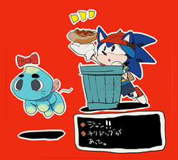 Size: 650x586 | Tagged: safe, artist:fumomo, ness (earthbound), sonic the hedgehog (sonic), chao, fictional species, hedgehog, mammal, anthro, plantigrade anthro, semi-anthro, earthbound, nintendo, sega, sonic the hedgehog (series), baseball cap, black eyes, bottomwear, bow, cap, clothes, cosplay, creature, doseisan (earthbound), dot mouth, ears through headwear, facial mark, floating, food, footwear, gloves, happy, hat, headwear, hot dog, looking up, male, ninten, open mouth, outline, outstretched arms, shirt, shoes, shorts, simple background, smiling, solo, solo male, standing, topwear, trash can