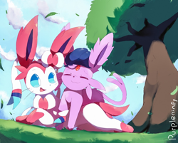 Size: 900x725 | Tagged: safe, artist:purpleninfy, eeveelution, espeon, fictional species, mammal, sylveon, feral, cc by-nc-nd, creative commons, nintendo, pokémon, 2019, 2d, ambiguous gender, ambiguous only, blue eyes, complete nudity, cute, digital art, duo, duo ambiguous, ear fluff, ears, eyes closed, fluff, fur, generation 2 pokemon, generation 6 pokemon, happy, headwear only, hug, long ears, lying down, nudity, outdoors, paws, pink body, pink fur, plant, purple body, purple fur, ribbons (body part), signature, tail, tree, whiskers, white body, white fur