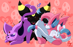 Size: 3866x2536 | Tagged: suggestive, alternate version, artist:awesomesaucez, furbooru exclusive, oc, oc:cipher (merlow), oc:nova (merlow), oc:rose (merlow), eeveelution, espeon, fictional species, mammal, sylveon, umbreon, feral, nintendo, pokémon, bedroom eyes, blushing, booty sandwich, butt, butt bump, butt grab, clothes, eggs, faceful of ass, female, generation 2 pokemon, generation 6 pokemon, glasses, group, heart, male, male/female, one eye closed, oval charm, sandwiched, scarf, shades, simple background, sunglasses, wingding eyes, winking