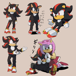Size: 734x740 | Tagged: safe, artist:fumomo, amy rose (sonic), shadow the hedgehog (sonic), hedgehog, mammal, sega, sonic the hedgehog (series), arrow, black body, black fur, boots, bottomwear, character costume, character design, clothes, doll, dress, duo, duo male and female, female, footwear, fur, gloves, gold bracelet, green eyes, hair, hairband, headlock, japanese text, looking at you, male, multicolored body, multicolored fur, no mouth, pants, pink body, pink fur, red body, red eyes, red fur, shirt, shoes, simple background, sitting, spread legs, text, topwear, translation request, trembling, two toned body, two toned fur