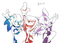 Size: 900x653 | Tagged: safe, artist:fumomo, knuckles the echidna (sonic), rouge the bat (sonic), sonic the hedgehog (sonic), bat, echidna, hedgehog, mammal, monotreme, sega, sonic the hedgehog (series), bat wings, blue body, blue fur, bodysuit, boots, breasts, cleavage, clothes, eyebrows, eyeshadow, fangs, female, footwear, fur, gloves, grin, group, half closed eyes, happy, high heels, leg up, legwear, looking at you, makeup, male, open mouth, outstretched arms, red body, red fur, sharp teeth, shoes, sidelocks, sideways mouth, simple background, sketch, smiling, standing, standing on one leg, tail, teeth, thigh high boots, tight clothing, trio, webbed wings, white body, white fur, wings