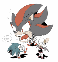 Size: 647x700 | Tagged: safe, artist:fumomo, rouge the bat (sonic), shadow the hedgehog (sonic), sonic the hedgehog (sonic), bat, hedgehog, mammal, sega, sonic the hedgehog (series), angry, bat wings, big head, black body, black fur, blue body, blue fur, bodysuit, boots, breasts, cleavage, clothes, english text, eyeshadow, female, footwear, full body, fur, gloves, green eyes, group, leaning back, leg up, legwear, looking at each other, looking to the side, makeup, male, multicolored body, open mouth, red body, red eyes, red fur, screaming, shoes, simple background, speech bubble, standing, standing on one leg, sweat, tail, talking, teeth, text, thigh high boots, tight clothing, tongue, tongue out, trio, two toned body, webbed wings, white body, white fur, wide eyes, wings