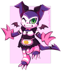 Size: 325x371 | Tagged: safe, artist:stonedocean420, fictional species, impmon, anthro, plantigrade anthro, digimon, 2022, bottomwear, clothes, crossdressing, dress, floating wings, gloves, grin, heart, heart eyes, legwear, low res, maid outfit, male, simple background, solo, solo male, striped clothes, striped legwear, transparent background, wingding eyes