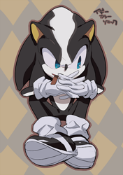 Size: 494x700 | Tagged: safe, artist:fumomo, iggy (jojo), sonic the hedgehog (sonic), hedgehog, mammal, jojo's bizarre adventure, sega, sonic the hedgehog (series), argyle, black body, black fur, blue eyes, bright colors, character name, chocolate, clothes, food, footwear, fur, gloves, holding, interlocked fingers, japanese text, knees, looking to the side, male, mouth hold, multicolored body, multicolored fur, open mouth, outline, shoes, sitting, solo, solo male, straight hair, text, translation request, two toned body, two toned fur, white body, white fur