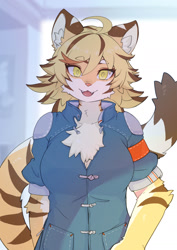 Size: 1080x1528 | Tagged: safe, artist:hanadaiteol, oc, oc only, big cat, feline, mammal, tiger, anthro, 2024, 2d, big tail, blue clothing, blurred background, breasts, cheek fluff, chest fluff, cleavage fluff, clothes, colored pupils, cute, cute little fangs, digital art, ear fluff, ears, elbow fluff, fangs, female, fluff, fur, hair, happy, long tail, looking at you, multicolored body, multicolored fur, multicolored hair, neck fluff, open mouth, open smile, pink nose, rolled up sleeves, shirt, smiling, smiling at you, solo, solo female, striped fur, striped tail, stripes, tail, tail fluff, teeth, tongue, topwear, yellow eyes, yellow pupils
