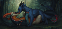 Size: 2000x957 | Tagged: safe, artist:lostgoose, dragon, fictional species, feral, horns, kissing, male, male/male, scales, tail