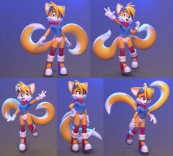Size: 2000x1809 | Tagged: safe, artist:jacobovrick, miles "tails" prower (sonic), canine, fox, mammal, anthro, sega, sonic the hedgehog (series), 3d, bottomless, clothes, digital art, featureless crotch, female, footwear, multiple tails, nudity, partial nudity, rule 63, shirt, shoes, solo, solo female, tail, topwear