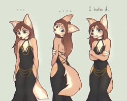 Size: 2021x1610 | Tagged: safe, artist:yshanii, oc, oc:cotton (yshanii), canine, dingo, mammal, anthro, 2024, bottomwear, breasts, clothes, dress, female, fishtail dress meme, hips, small breasts, solo, solo female, tail, unhappy