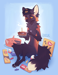 Size: 1680x2193 | Tagged: safe, artist:kesha_kotolapa, oc, oc only, canine, fox, mammal, anthro, digitigrade anthro, 2024, 2d, abstract background, butt fluff, cake, cake slice, candle, candy, cheek fluff, chest fluff, claws, colored sclera, cute, dark fur, digital art, dipstick tail, ear fluff, ears, elbow fluff, fingers, fluff, food, fork, front view, fur, hands, headwear, headwear only, holding, holding object, holding plate, knee fluff, leg fluff, long tail, looking down, male, multicolored body, multicolored fur, neck fluff, nudity, partial nudity, paws, shoulder fluff, signature, sitting, solo, solo male, tail, tail fluff, thigh fluff, thighs, three-quarter view, yellow sclera