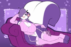 Size: 1309x865 | Tagged: suggestive, artist:0r0ch1, fifi la fume (tiny toon adventures), mammal, skunk, anthro, tiny toon adventures, warner brothers, bedroom eyes, beret, big breasts, bow, breasts, cleavage, cleavage window, clothes, couch, ear piercing, eyeshadow, female, garter belt, gloves, hair, hair bow, hair over one eye, hat, headwear, heart, legwear, leotard, long gloves, looking at you, lying down, makeup, on side, open mouth, open smile, piercing, sitting, smiling, smiling at you, solo, solo female, sweat, thigh highs