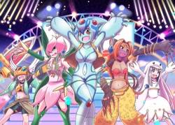 Size: 1087x777 | Tagged: safe, artist:mekadouraku, beastmon, fictional species, lillymon, ranamon, humanoid, digimon, 2017, :d, bracelet, breasts, claws, cleavage, clothes, concert, dancing, female, group, hat, headwear, jewelry, minervamon, night, outdoors, pasties, sistermon blanc, stars