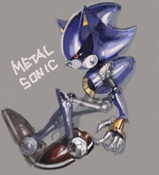 Size: 600x660 | Tagged: safe, artist:fumomo, metal sonic (sonic), fictional species, hedgehog, mammal, robot, anthro, plantigrade anthro, sega, sonic the hedgehog (series), 2013, character name, clothes, english text, footwear, full body, joint, male, profile, red eyes, robot joints, shoes, side view, solo, solo male, text