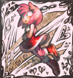 Size: 747x800 | Tagged: safe, artist:fumomo, amy rose (sonic), hedgehog, mammal, sega, sonic the hedgehog (series), backless, blushing, boots, border, bottomwear, clothes, dress, female, footwear, fur, gloves, green eyes, heart, leg up, looking afar, open mouth, pink body, pink fur, shoes, sidelocks, solo, solo female
