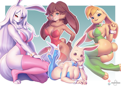 Size: 2047x1447 | Tagged: safe, alternate version, artist:pakwan008, bianca (spyro), carrot (one piece), haru (beastars), lop (star wars: visions), lagomorph, mammal, rabbit, anthro, digitigrade anthro, beastars, one piece, spyro the dragon (series), star wars, star wars: visions, 2024, black sclera, border, breasts, bunny ears, bunny suit, butt, cleavage, clothes, colored sclera, detailed background, digital art, ears, easter, eyelashes, female, females only, fur, hair, kneeling, legwear, leotard, looking at you, outline, pose, short tail, simple background, stockings, sulong carrot (one piece), tail, thighs, white border, white outline, wide hips