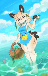 Size: 1480x2331 | Tagged: safe, artist:waspsalad, lagomorph, mammal, mollusk, rabbit, reptile, sea slug, slug, turtle, anthro, feral, 2024, 2d, :3, apron, arm fluff, basket, blushing, breasts, clothes, container, detailed background, dripping, dutch angle, ear fluff, ears, easter, easter basket, easter bunny, easter egg, egg, eyelashes, female, fluff, front view, fur, happy, hip fluff, holding, holding object, holiday, leg fluff, long ears, looking down, naked apron, nudity, outdoors, partial nudity, partially submerged, seaweed, sideboob, smiling, solo, solo female, standing in water, tail, tail fluff, thick thighs, thigh fluff, thighs, three-quarter view, water, wet, wet body, wet clothes, wet fur, wide hips