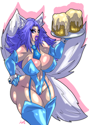 Size: 3000x4200 | Tagged: safe, artist:redhare, animal humanoid, canine, fictional species, fox, kitsune, mammal, humanoid, alcohol, beer, breasts, bunny suit, clothes, commission, curvy, drink, female, solo, solo female, thick, vixen, waitress