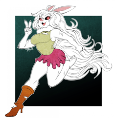 Size: 1876x1964 | Tagged: safe, artist:scottyartz, carrot (one piece), lagomorph, mammal, rabbit, anthro, one piece, barefoot, big breasts, big butt, boots, breasts, butt, claws, clothes, feet, female, gesture, glowing, glowing eyes, hair, high heel boots, high heels, long hair, looking at you, mini skirt, open mouth, open smile, running, shoes, smiling, smiling at you, soles, solo, sulong, sulong carrot (one piece), thick thighs, thighs, toe claws, toes, torn clothes, torn shoes, v sign, wide hips