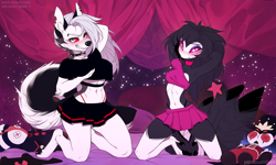 Size: 1250x750 | Tagged: suggestive, artist:iskra, blitzo (vivzmind), loona (vivzmind), octavia (vivzmind), stolas (vivzmind), bird, bird of prey, canine, demon, fictional species, hellhound, imp, mammal, owl, anthro, digitigrade anthro, humanoid, hazbin hotel, helluva boss, 2024, bedroom eyes, belly button, bottomwear, breasts, clothes, colored sclera, crop top, daughter, detailed background, digital art, duo, duo female, ears, eyelashes, father, father and child, father and daughter, female, females only, fur, hair, kneeling, legwear, male, panties, plushie, pose, red sclera, skirt, stockings, tail, thighs, thong, topwear, toy, wide hips