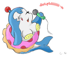 Size: 900x710 | Tagged: safe, artist:candygunso, dolphin bomber (bomberman), cetacean, dolphin, mammal, feral, bomberman, bomberman jetters, 2012, bra, breasts, busty feral, dialogue, female, holding, holding object, inner tube, microphone, one eye closed, open mouth, open smile, seashell, seashell bra, simple background, smiling, solo, solo female, talking, white background, winking