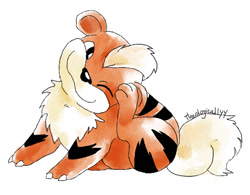 Size: 686x535 | Tagged: safe, artist:artsy-theo, canine, fictional species, growlithe, mammal, feral, nintendo, pokémon, 2d, ambiguous gender, generation 1 pokemon, on model, one eye closed, scratching, signature, simple background, sitting, smiling, solo, solo ambiguous, white background