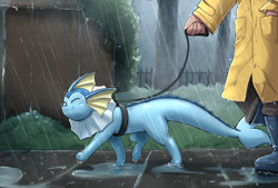 Size: 2390x1615 | Tagged: safe, artist:otakuap, eeveelution, fictional species, human, mammal, vaporeon, feral, nintendo, pokémon, 2022, 2d, ambiguous gender, behaving like a dog, big tail, black nose, boots, closed mouth, closed smile, clothes, cute, detailed background, eyes closed, fins, fish tail, footwear, generation 1 pokemon, happy, holding, leash, light blue body, long tail, offscreen human, outdoors, park, paws, puddle, rain, rain boots, raincoat, shoes, signature, solo focus, tail, thighs, walking, wet, wet body, wet clothes