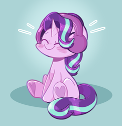 Size: 1611x1653 | Tagged: safe, artist:typhwosion, starlight glimmer (mlp), equine, fictional species, mammal, pony, unicorn, feral, friendship is magic, hasbro, my little pony, 2024, blush scribble, blushing, cute, emanata, eyes closed, female, g4, hair, headphones, headwear, hoof heart, hooves, horn, mane, mare, sitting, smiling, solo, solo female, tail, underhoof