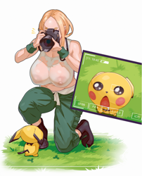 Size: 1162x1440 | Tagged: suggestive, artist:materclaws, fictional species, human, mammal, pichu, semi-anthro, nintendo, pokémon, ambiguous gender, bottomwear, camera, clothes, crop top, drooling, duo, female, footwear, looking up, on one knee, pants, photographer, reacting to nudity, saliva, see-through, shirt, shoes, tail, taking a photo, topwear, viola (pokémon), wet, wet shirt, wristband