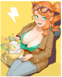 Size: 827x1016 | Tagged: suggestive, artist:materclaws, canine, dog, fictional species, human, mammal, yamper, feral, nintendo, pokémon, ambiguous gender, areola, areola slip, assisted exposure, big breasts, blushing, border, bottomwear, breasts, clothes, duo, female, generation 8 pokemon, glasses, glasses on head, hair, heart, high angle, jacket, looking at you, looking up, looking up at you, love heart, open mouth, open smile, pants, ponytail, shirt, smiling, sonia (pokémon), tail, tail wag, topwear, white border