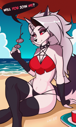 Size: 1080x1803 | Tagged: safe, artist:lw-88, loona (vivzmind), canine, fictional species, hellhound, mammal, anthro, digitigrade anthro, hazbin hotel, helluva boss, 2023, beach, beach umbrella, bikini, breasts, cleavage, clothes, colored sclera, crossed legs, dialogue, ear piercing, female, fingerless gloves, glasses, glasses off, gloves, legwear, lidded eyes, looking at you, midriff, outdoors, piercing, red sclera, sitting, smiling, smiling at you, solo, solo female, speech bubble, sunglasses, swimsuit, talking, thigh highs, umbrella