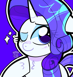 Size: 1021x1078 | Tagged: safe, artist:acid-fangs, part of a set, rarity (mlp), equine, fictional species, mammal, pony, unicorn, feral, friendship is magic, hasbro, my little pony, 2024, blue background, bust, chest fluff, eye through hair, eyelashes, female, fluff, g4, hair, hoof on chest, hooves, horn, icon, looking at you, mane, mare, one eye closed, purple hair, purple mane, simple background, solo, solo female, sparkles, watermark, white background, winking