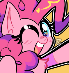 Size: 1021x1078 | Tagged: safe, artist:acid-fangs, part of a set, pinkie pie (mlp), earth pony, equine, fictional species, mammal, pony, feral, friendship is magic, hasbro, my little pony, 2024, blue eyes, bust, chest fluff, female, fluff, g4, icon, looking at you, mare, one eye closed, open mouth, open smile, pink body, simple background, smiling, smiling at you, solo, solo female, watermark, winking, yellow background