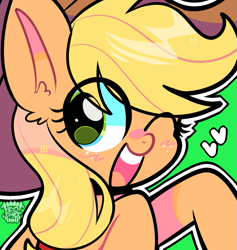 Size: 1021x1078 | Tagged: safe, artist:acid-fangs, part of a set, applejack (mlp), earth pony, equine, fictional species, mammal, pony, feral, friendship is magic, hasbro, my little pony, 2024, blonde hair, blonde mane, clothes, eye through hair, eyelashes, female, g4, green background, hair, hat, headwear, heart, icon, looking at you, mane, mare, one eye closed, open mouth, open smile, orange body, simple background, smiling, smiling at you, solo, solo female, stetson, watermark, winking