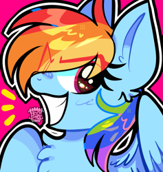 Size: 1021x1078 | Tagged: safe, artist:acid-fangs, part of a set, rainbow dash (mlp), equine, fictional species, mammal, pegasus, pony, feral, friendship is magic, hasbro, my little pony, 2024, blue body, blue fur, bust, chest fluff, emanata, eye through hair, eyelashes, feathered wings, feathers, female, fluff, fur, g4, grin, hair, icon, looking at you, mane, mare, rainbow hair, rainbow mane, simple background, smiling, smiling at you, solo, solo female, watermark, wings