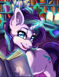 Size: 1024x1325 | Tagged: safe, artist:serenity, starlight glimmer (mlp), equine, fictional species, mammal, pony, unicorn, feral, friendship is magic, hasbro, my little pony, 2017, bookshelf, female, fur, g4, glowing, glowing horn, hair, horn, magic, mane, mare, solo, solo female, speed paint, speedpaint available, tail, telekinesis, twilight's castle, wingding eyes