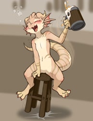 Size: 2550x3300 | Tagged: safe, artist:koboldklaws, fictional species, kobold, reptile, anthro, 2024, blushing, drinking, drunk, eyes closed, female, horns, open mouth, sitting, solo, solo female, stool, tail