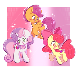 Size: 1643x1519 | Tagged: safe, artist:typhwosion, apple bloom (mlp), scootaloo (mlp), sweetie belle (mlp), earth pony, equine, fictional species, mammal, pegasus, pony, unicorn, friendship is magic, hasbro, my little pony, blushing, border, bow, crusaders of the lost mark, cute, cutie mark crusaders, februpony, female, filly, foal, g4, hair bow, happy, open mouth, open smile, smiling, spread wings, white border, wings, young