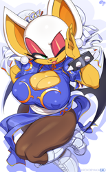 Size: 1000x1619 | Tagged: suggestive, artist:krokobyaka, rouge the bat (sonic), bat, mammal, anthro, sega, sonic the hedgehog (series), 2024, big breasts, boots, breasts, chun-li (street fighter), cleavage, cleavage window, clothes, cosplay, costume swap, digital art, ears, eyelashes, eyeshadow, female, footwear, fur, hair, huge breasts, legwear, looking at you, makeup, nipple outline, one eye closed, pose, shoes, solo, solo female, spiked wristband, stockings, tail, thick thighs, thighs, wide hips, wings, wristband