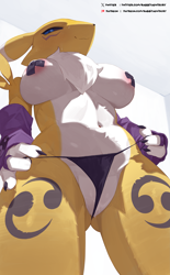 Size: 2877x4639 | Tagged: suggestive, artist:rabbitadvisory, fictional species, renamon, anthro, digimon, 2024, areola, areola slip, belly button, black sclera, breasts, clothes, colored sclera, digital art, ears, eyelashes, female, fluff, fur, neck fluff, nipple tape, panties, partial nudity, pose, solo, solo female, tail, thighs, topless, underwear, wide hips